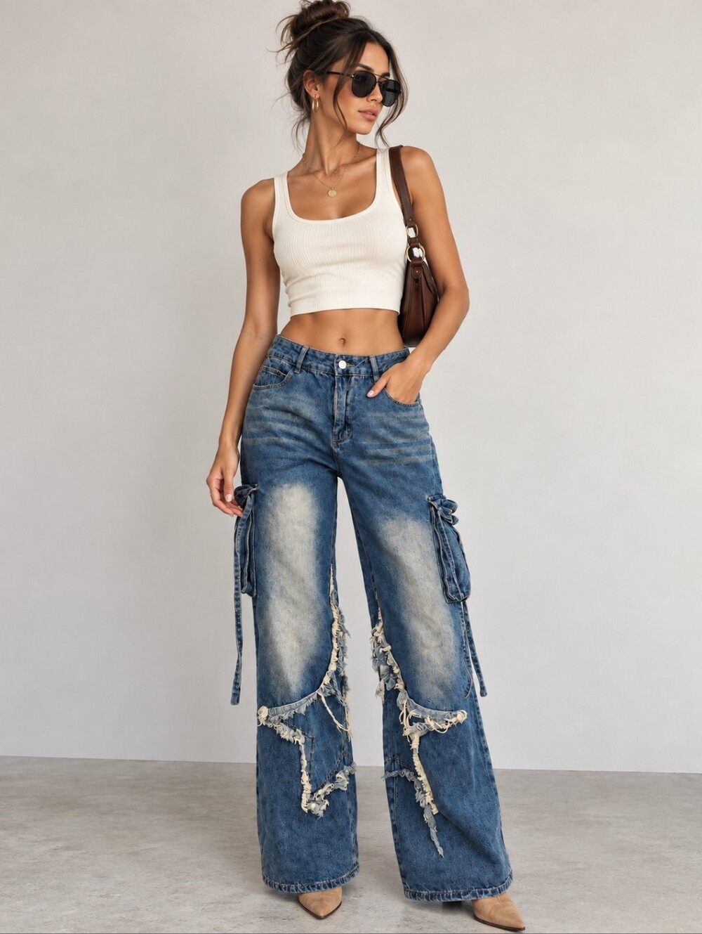 SHEIN Tall Distressed Cargo Wide Leg Jeans, Women's  31x32